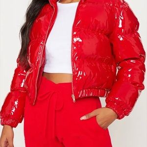 Red puffer jacket